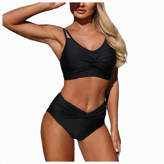 Duqingm Beach Vacation Clothes for Women Women's High Waisted Bikini Deep V Neck Two Piece Swimsuit Tummy Control Bathing Suits Black,M