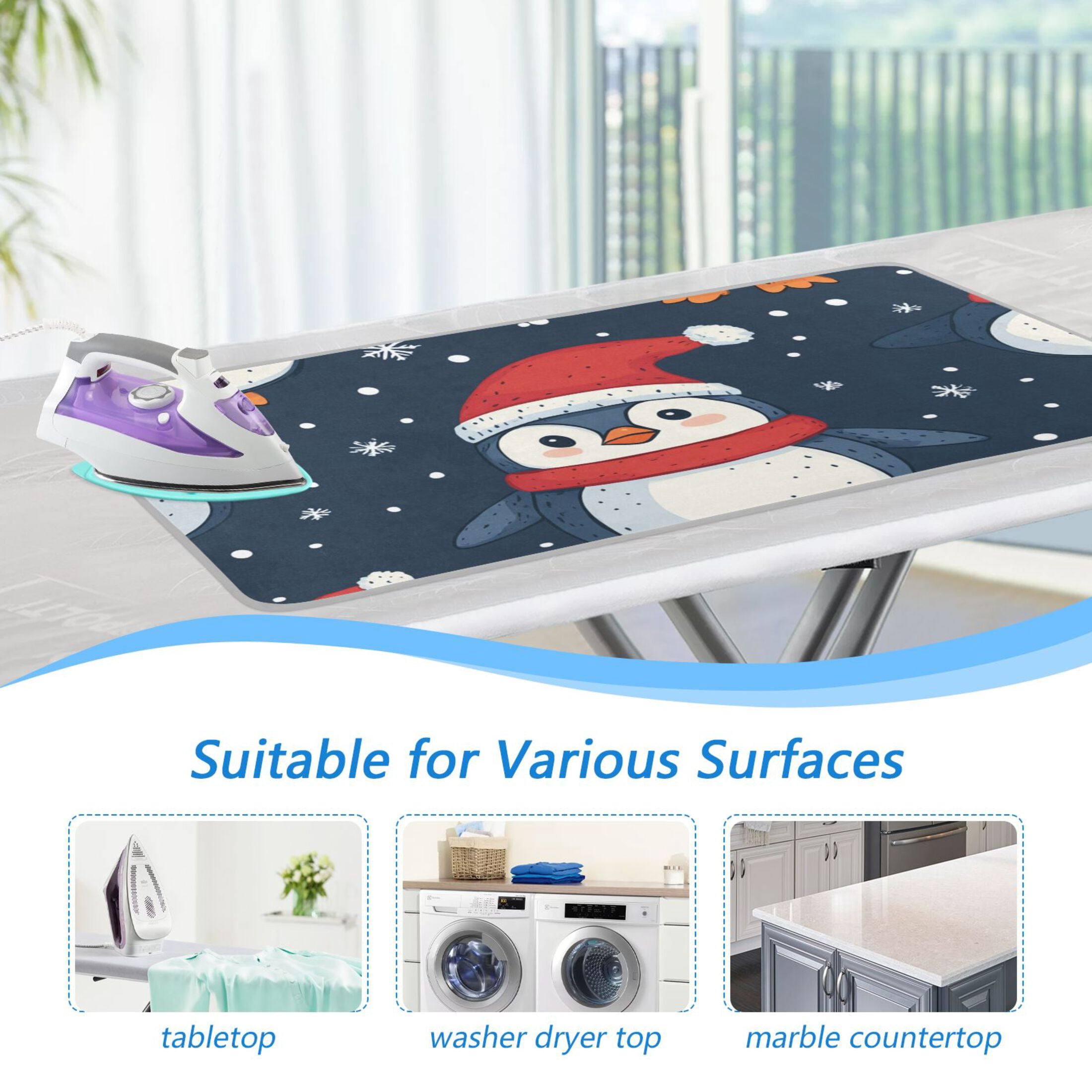 Cute Penguins with Hats Christmas Snowflakes Ironing Mat Blanket Portable Travel Ironing Pad Heat Resistant Pad 47.2" x 27.6”