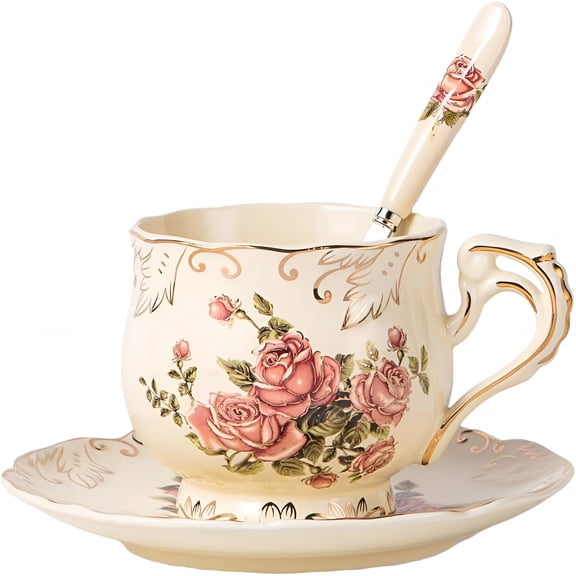 BPPEG Tea Cup and Saucer Set,8 oz Tea Cup Set,Teacup,Ceramic Tea Cup with Saucer Spoon,Ivory Vintage Rose Floral with Gold Leaves Trim,Gifts for Women