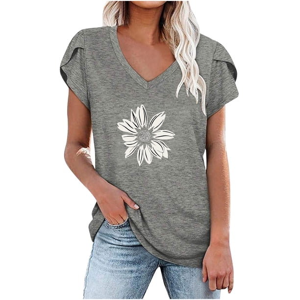 Blusa informal con estampado de manga corta y cuello en V de verano para mujer con estilo OAVQHLG3B Store lin121212