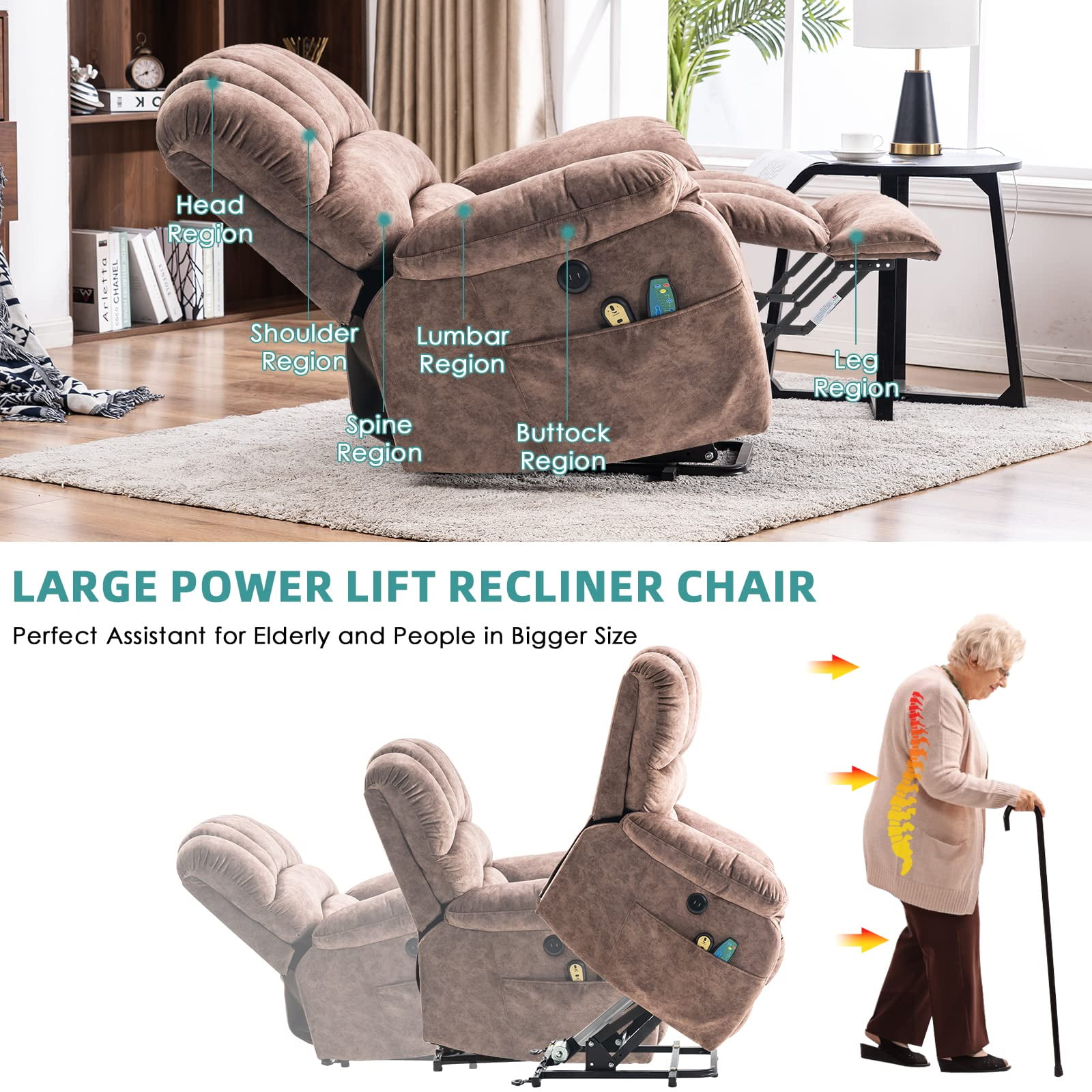 MEETWARM Large Power Lift Electric Recliner Chair with Massage and Heat, Overstuffed Wide Recliner for Elderly Big People, Heavy Duty Recliners with 2 Remote Controls, USB Ports, 2 Side Pocket (Brown)