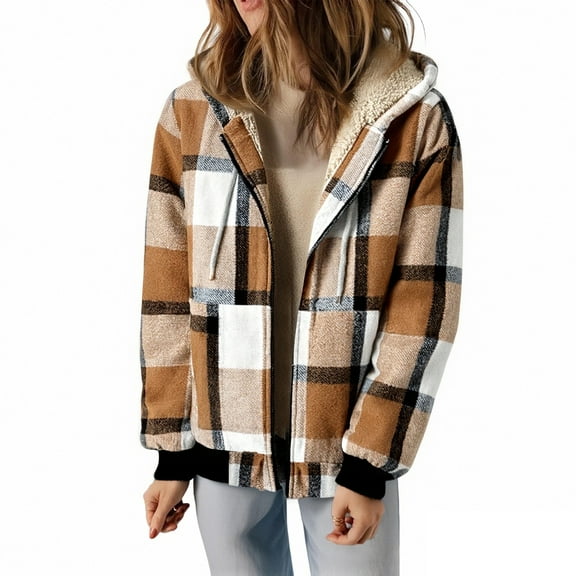 successthop Womens Fleece Jackets with Hood Warm Outwear with Pockets Long Sleeve Zip Up Coat Plaid Streetwear Brown XL