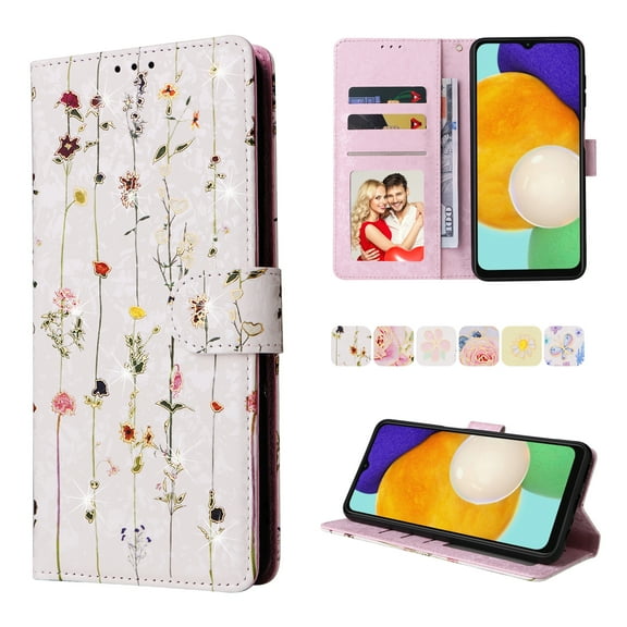 SaniMore for Samsung Galaxy A14 5G PU Leather Case with Luxury Flower for Girls Women Stand Feature Card/Cash Slots Detachable Wrist Strap Magnetic Clasp All-inclusive Case, Dried Flowers