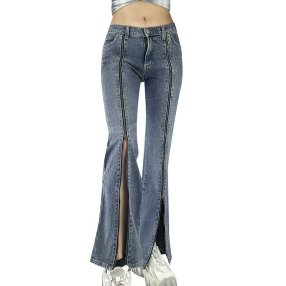 JIKNTTR Women's Classic Fit Jeans Fashionable Zipper Slit Flared High Waisted Denim Pants With Light Wash Jeans Summer Denim Pants
