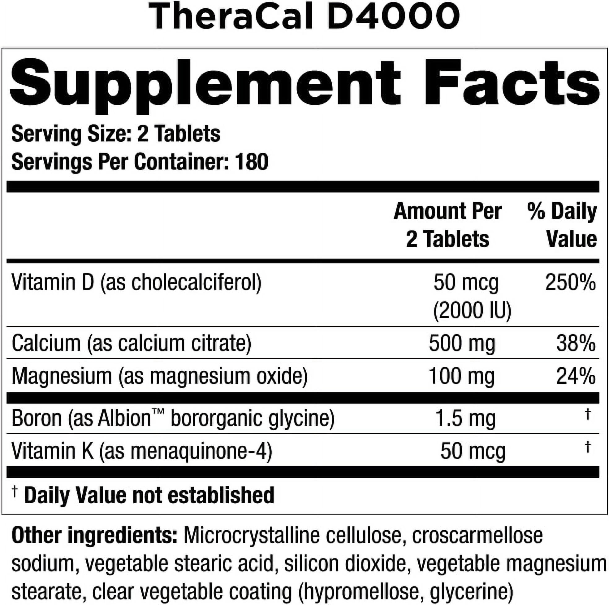 Theralogix TheraCal D4000 - Bone Health Support Supplement with Calcium, Magnesium, Vitamin D3, Vitamin K2 & Boron* - 90-Day Supply - NSF Certified - 360 Tablets