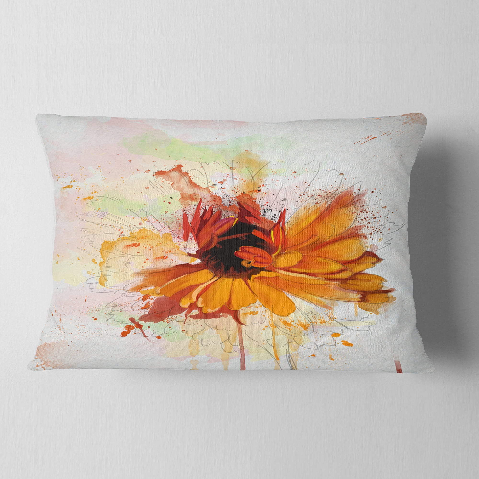 Designart Sunflower Drawing with Paint Splashes - Floral Throw Pillow - 12x20