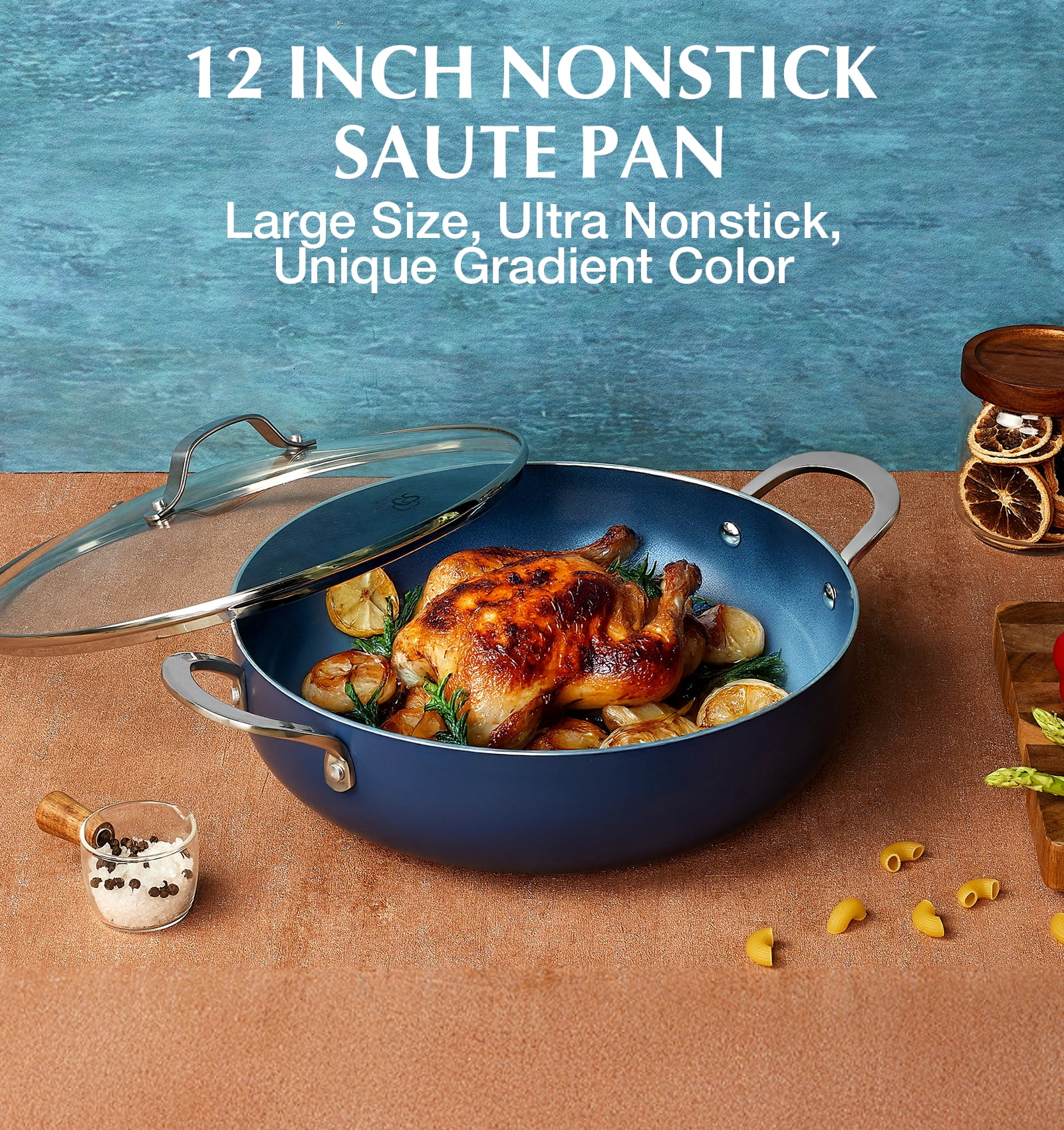 Koch Systeme CS 12 inch Saute Pan with Lid, 5.5-Quart Deep Frying Pan with Nonstick Ceramic Coating, Oven Safe, Induction Compatible, Gradient Blue