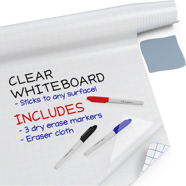 czcpp-Clear Autocollant Effaçable à Sec - 17.3 Pouces x 96” (8 Pieds) - 3 Marqueurs Effaçables à Sec Inclus - Film Adhésif Transparent pour Réfrigérateur, Bureau, Bureau - Alternative au Tableau Effaçable à Sec en Verre