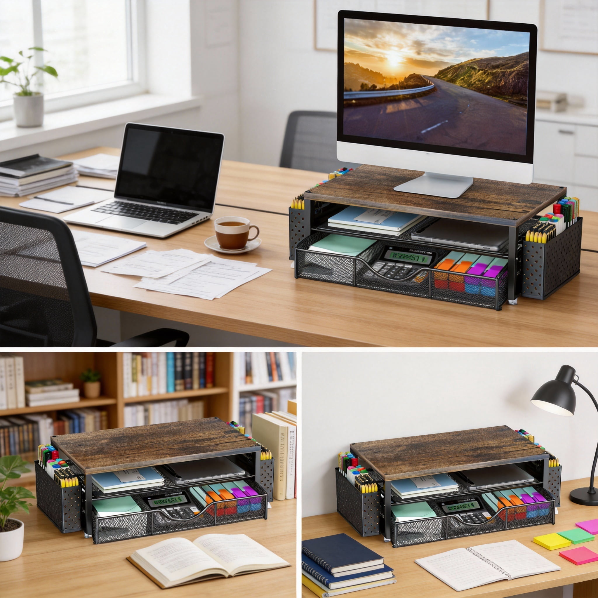Desk Organizers and Accessories, 2 Tier Monitor Stand Riser with Drawer and 2 Pen Holder for Offices and Dormitories (Wood)