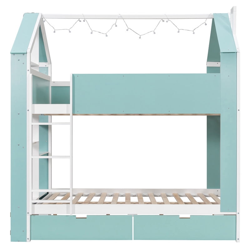 Full Over Full Bunk Bed with Storage Drawers and Shelves, Modern Two-Tone Wood Bunk Bed with LED Light Strip, Safety Guardrails and Ladder, Space-Saving Bed Frame for Kids, Teens