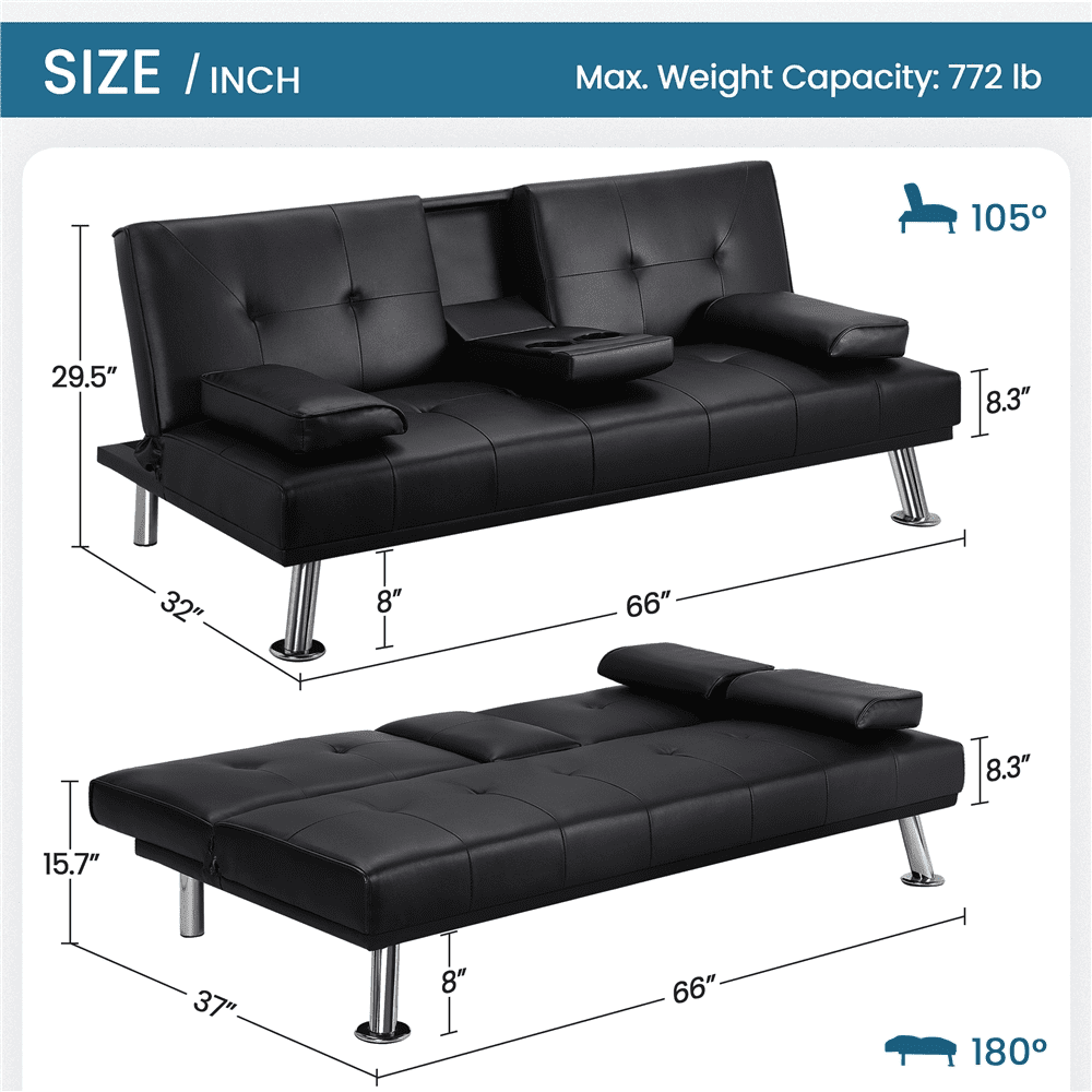 Renwick LuxuryGoods Modern Faux Leather Futon with Cupholders and Pillows, Black  (图4)