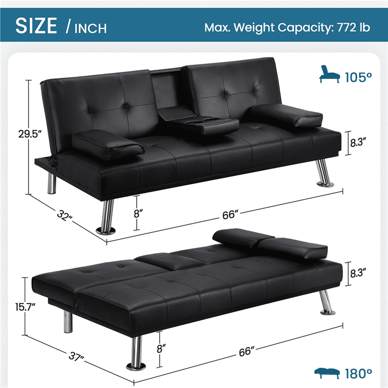 Renwick LuxuryGoods Modern Faux Leather Futon with Cupholders and Pillows Black Walmart