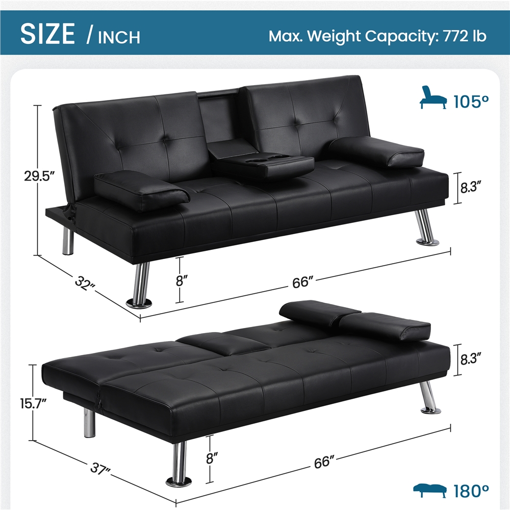 Renwick Modern Faux Leather Futon, Black photo 4
