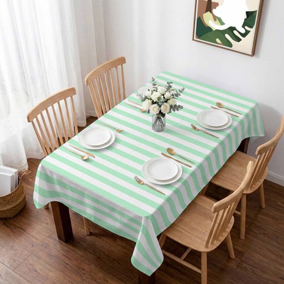 Green White Stripe Table Cloth Waterproof Tablecloths, Modern Minimalist Geometric Striped Tablecloth Dining Table Cover for Kitchen Party Tabletop Outdoor, Rectangle Tablecloth 52x70 Inch