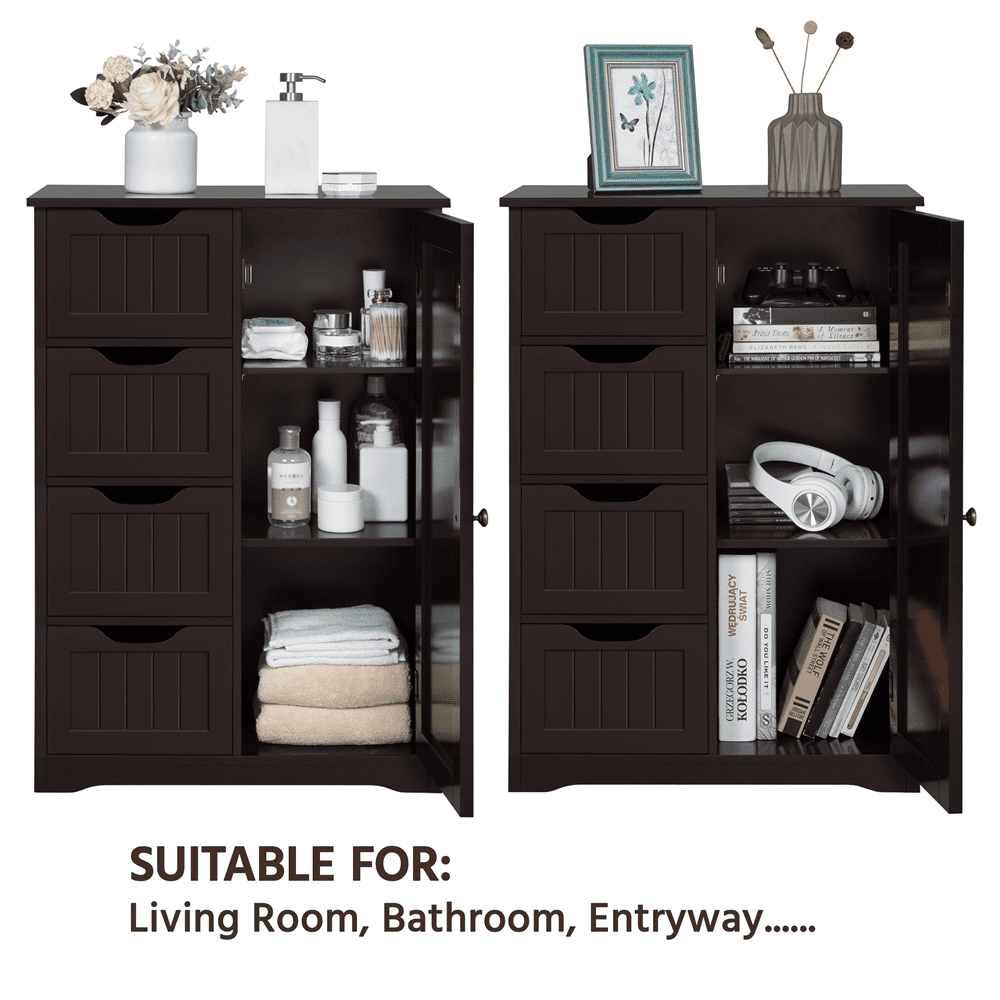 Alden Design Wooden Bathroom Storage Cabinet with 4 Drawers & Cupboard, Espresso