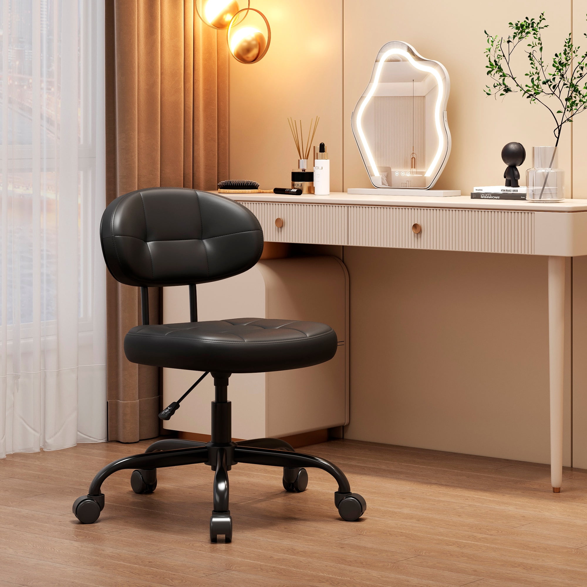 Misolant Vanity Chair with back, Small Armless Cute office Chair with wheels and Lumbar support, Comfy PU Leather Desk Computer Chairs with Adjustable Height, 360°Swivel for Home Bedroom Office