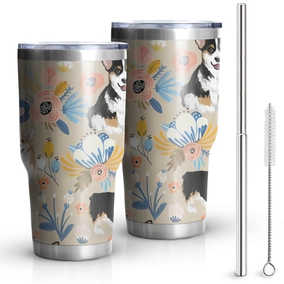 30oz Corgi Dog and Flower Florals Tumblers Stainless Steel Tumbler with Lid and Straw,Vacuum Insulated Double Wall Travel Tumbler Cups Mug with Cleaning Brush for Coffee,Tea