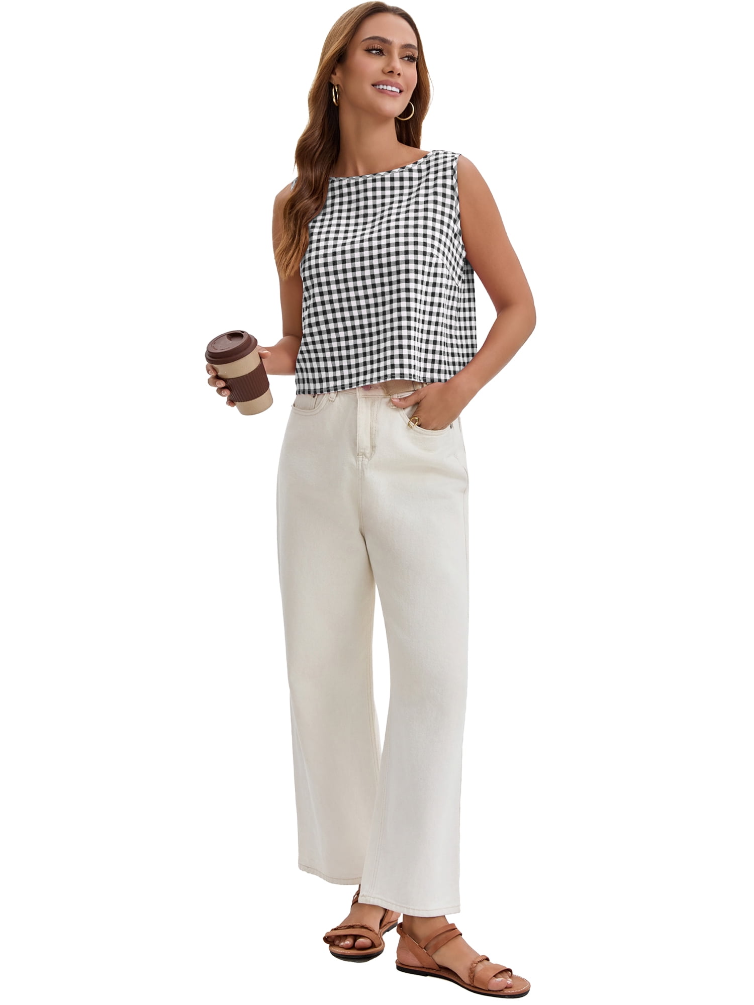 DARING DIVA Women's Gingham Summer Crop Tank Tops Button Back Sleeveless Shirts L Black