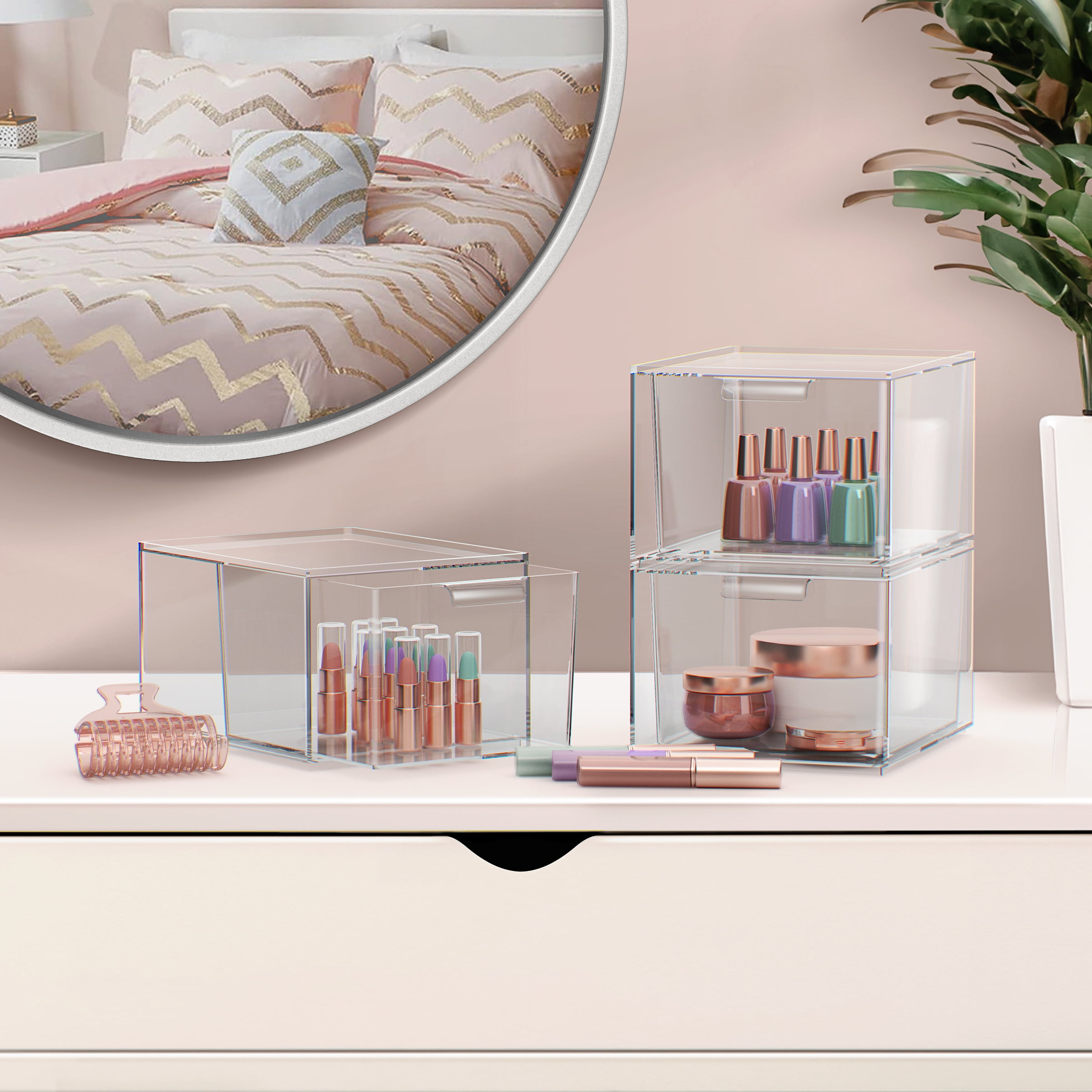 Sorbus 3-Pack Clear Acrylic Makeup Organizer – Stackable Plastic Drawer Storage Bins for Vanity, Bathroom, and Cosmetic Organization