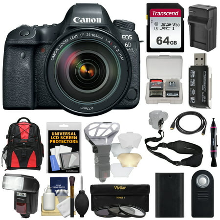 Canon EOS 6D Mark II Wi-Fi Digital SLR Camera + EF 24-105mm f/4L IS II USM Lens with 64GB Card + Backpack + Flash + Battery + Charger + Filters