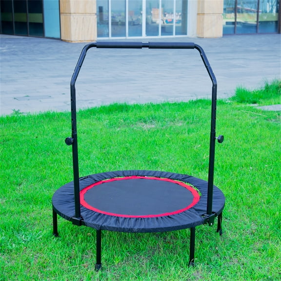 Foldable Fitness Trampoline with Adjustable Handrail, Mini Exercise Trampoline for Adults and Kids, Indoor Outdoor Rebound Trampoline with Safety Pad, Max Load 300lbs