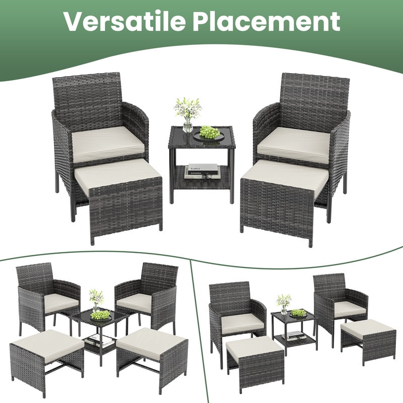 ELPOSUN 5-Piece Patio Furniture Set, Outdoor Patio Conversation Rattan Chair with Side Table & Storage Ottoman for Balcony, Porch, Deck, Poolside,Black Rattan,White