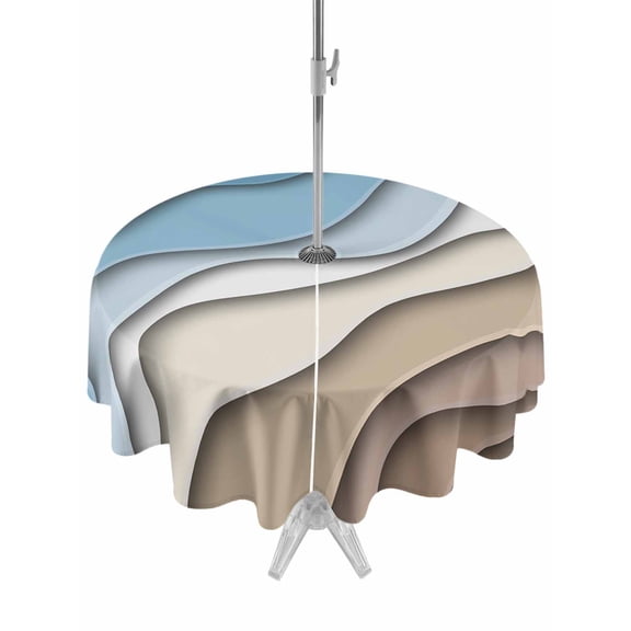 Outdoor Tablecloth with Umbrella Hole and Zipper, Abstract Gradient Striped Art Round Waterproof Table Cover 60in Washable Table Cloth for Patio Picnic Party Modern Ombre Blue