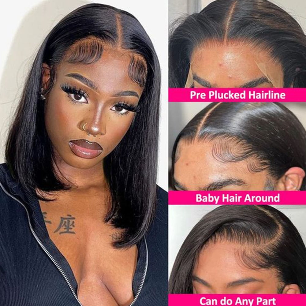 Brazilian Virgin Human Hair 13x4 Lace Front Wigs Straight Short Bob Hair Wigs with Baby Hair Pre Plucked for Women 150% Density 8inch