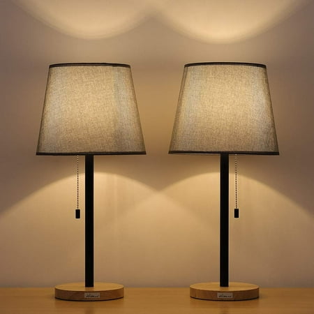 Gray Modern Wooden Pull Chain Table Reading Lamp, Set of 2