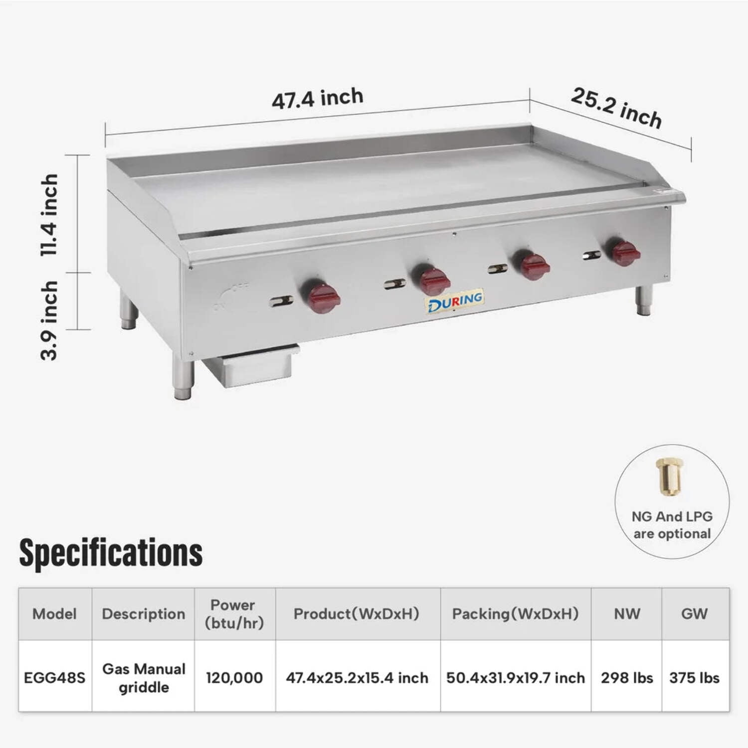 DURING D-GGR48 48" Commercial Countertop Gas Griddle - 4 Burner, 120,000 BTU