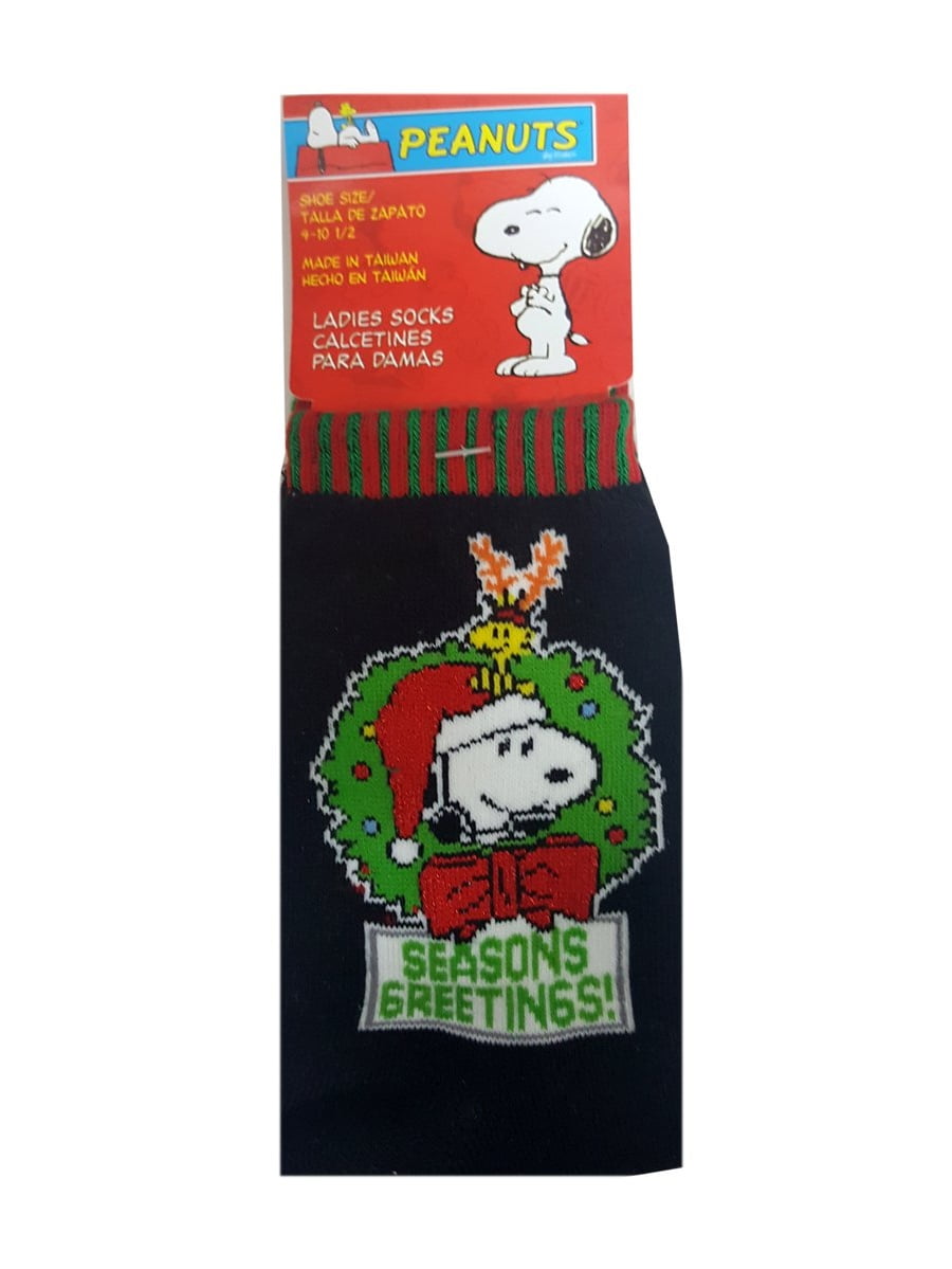 Peanuts Snoopy Season's Greetings Ladies Christmas Socks Black, Size 4