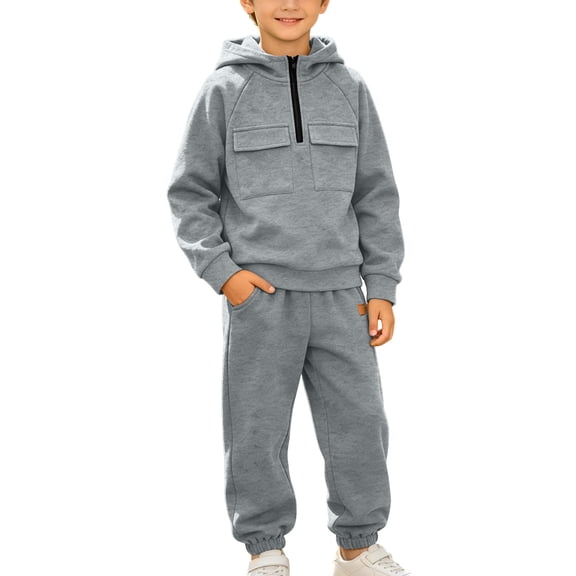 Cethrio Boys Outfit Sets Long Sleeve, Fleece-lined 2 Piece Running Half-Zip Boys Clothing Sets Size 10-12 Gray