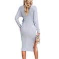 thumbnail image 5 of Liacowi Women's Knit Dress Solid Color Wrap V-Neck Knot Front Long Sleeve Midi Dress Women Fall Slim Fit Knit Dress Streetwear, 5 of 6