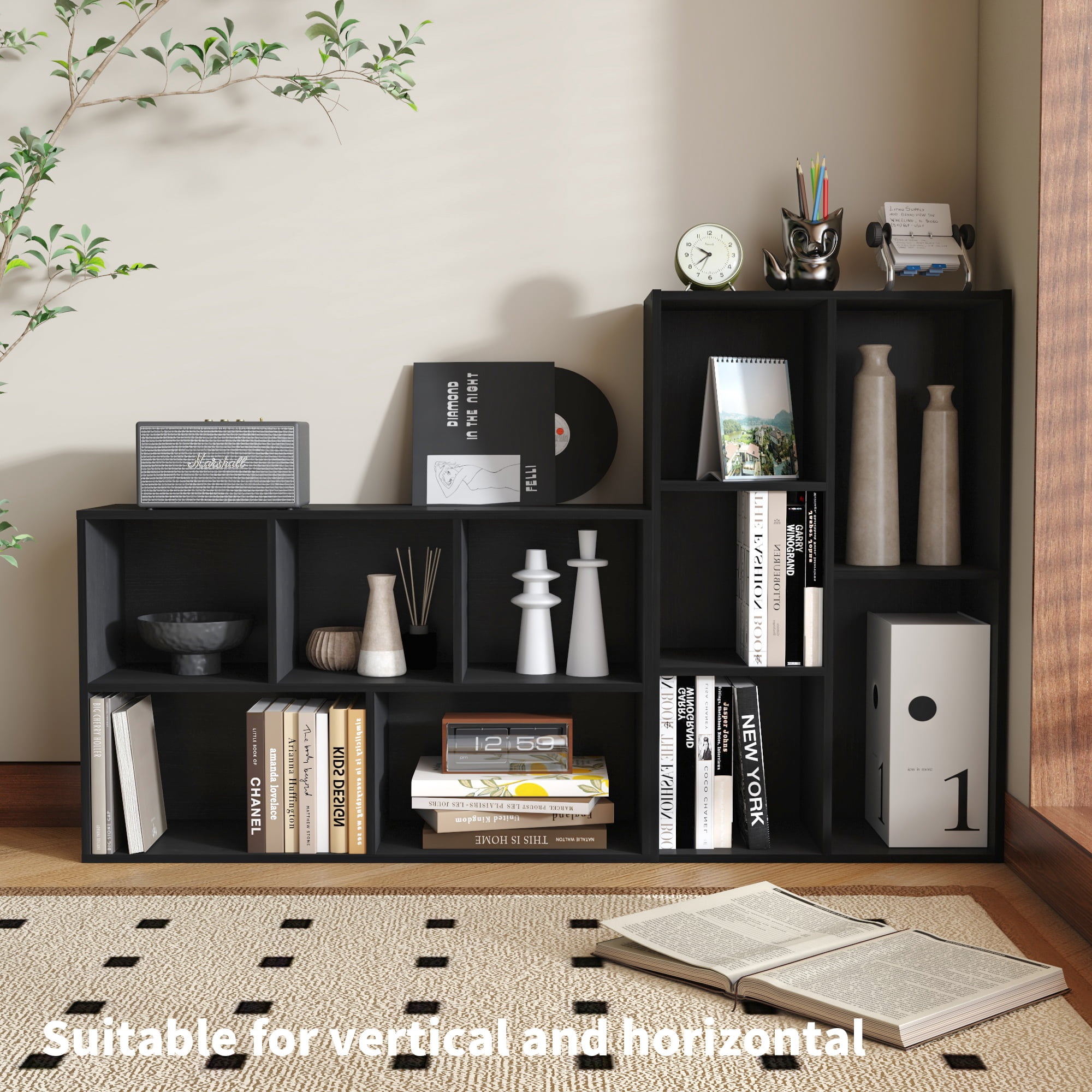 HOMLUX 5-Cube 31.5" Wooden Reversible Open Bookcase for Office, Living Room, Black