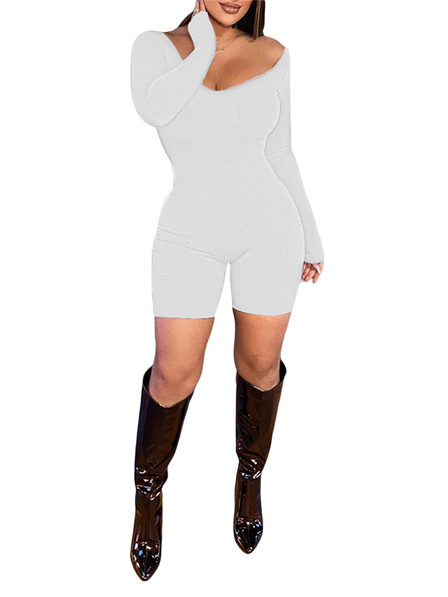wybzd Women Sleeveless Bodysuits Solid Color Summer Ribbed Tank Tops Short  Jumpsuits Clubwear Streetwear Milky White XL