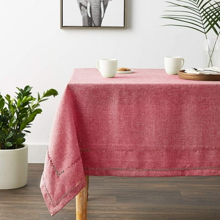 Violet Linen Hem Stitch Border Pattern  Polyester  Non-Stain  Spill-Proof and Water Resistance  Cranberry  68 Inch by 108 Inch  Seats 8 to 10 people  Rectangle