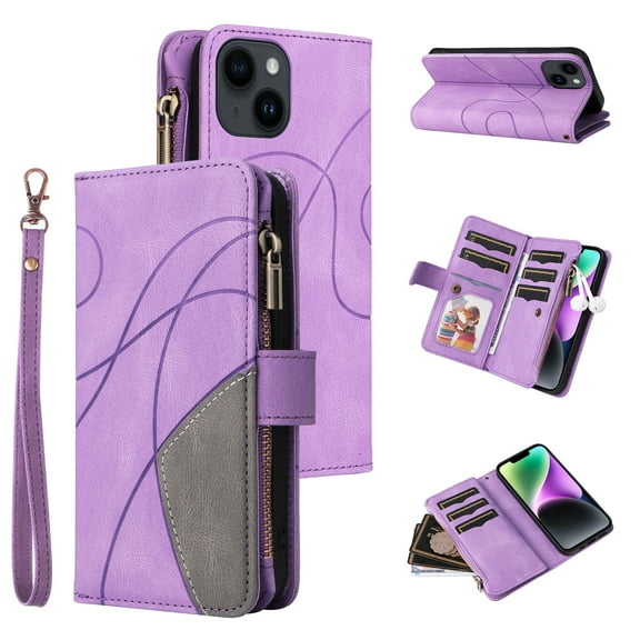Wallet Case for iPhone15 Plus, PU Leather Zipper Storage Bag Kickstand Shockproof Flip Cover for iPhone15 Plus