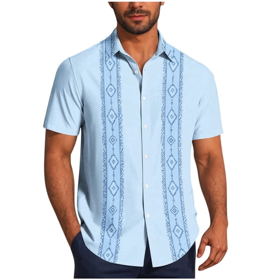 TKKCS Mens Vintage Bowling Shirts- Cuban Collar Vacation Beach Casual Breathable Lightweight Short Sleeve Button Down Shirts Light Blue Size 2XL