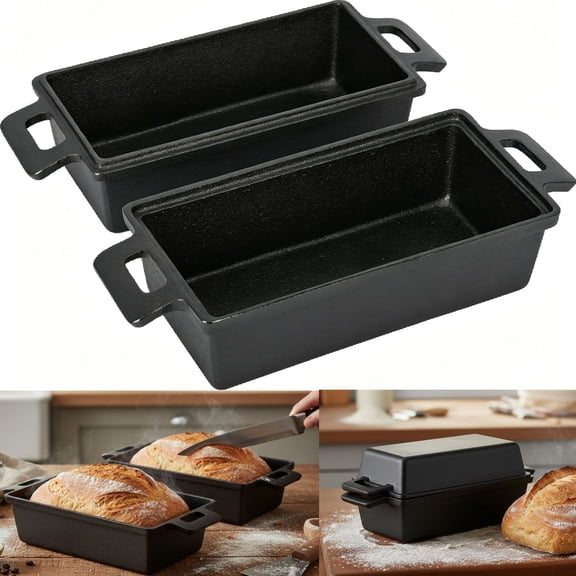 Qunbio 10 Ć 5 Inch Cast Iron Bread Pan with Lid, 2 in 1 Loaf Pans for Homemade Bread, Cake, Meatloaf and Sourdough, 2 Piece Set