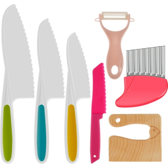 Jokapy 7 Pcs Wooden Kids Kitchen Knife Sets, Toddler Kitchen Tools, Pink