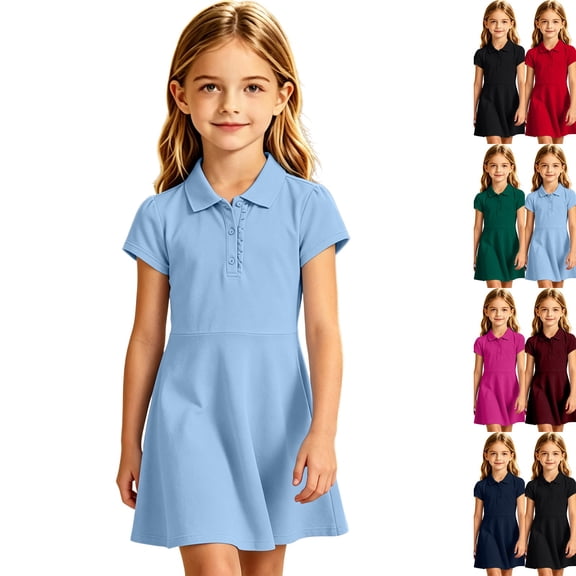 Girls Uniform Polo Dress Toddler Button Callor Short Sleeve Solid Tennis Dress A-Line Athletic Dresses for Kids,Sky Blue,110