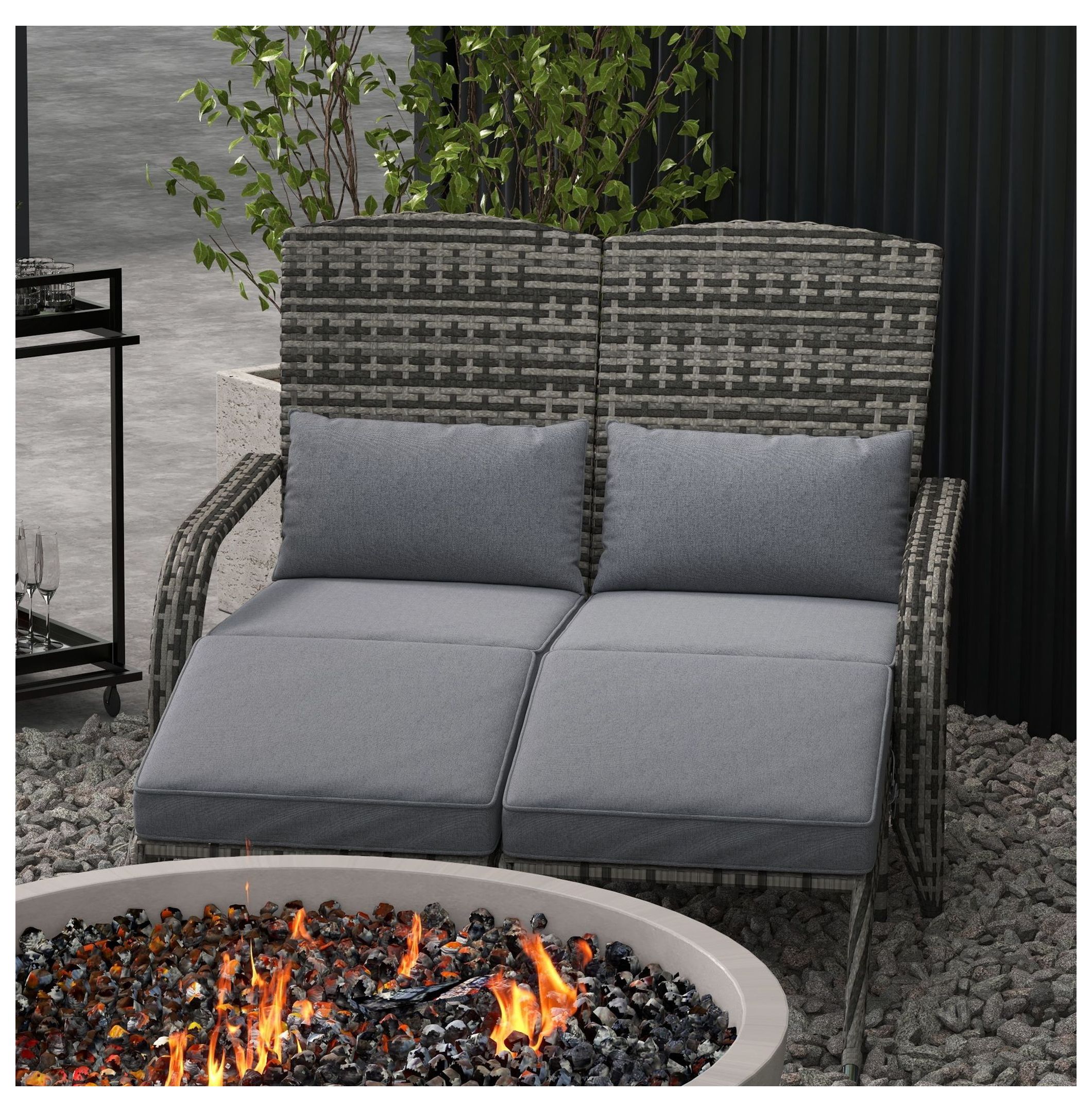 Wicker Adirondack Chair for 2, PE Rattan Double Chaise, Fire Pit Chair with Cushions & Footrests, Mixed Gray - Outdoor Patio Furniture