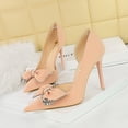 thumbnail image 5 of Zapatos de novia clásicos de tacón alto, delgados, a la moda para damas, con boca poco profunda, puntiagudos, huecos en los lados y lazo de diamante, 5 of 5