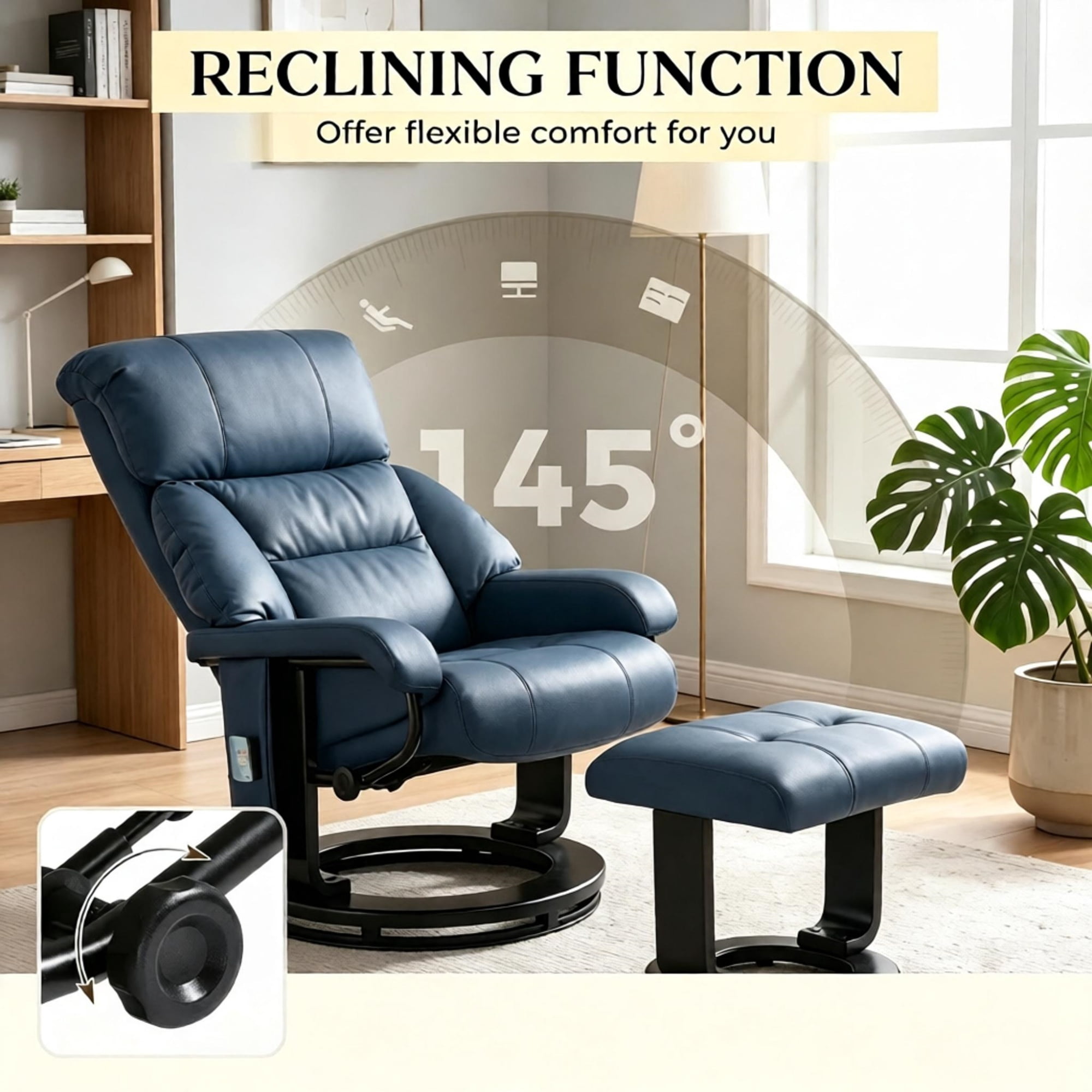 360° Swivel Massage Recliner Chair, 10-Point Vibration Footstool for Living Room, Blue