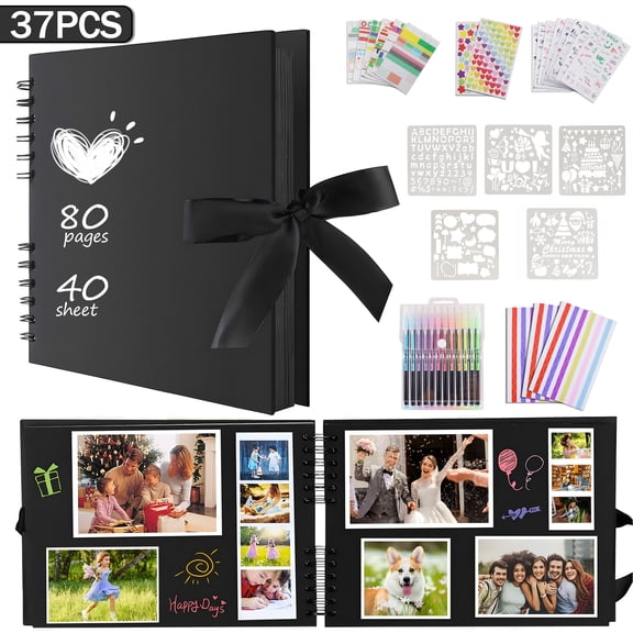 Yalumo 80 Pages Scrapbook Album, Photo Album Scrapbook 11.3x8.5 Inch with 12 Markers, Cardboard Scrapbooking Kit for Family DIY Wedding Birthday Anniversary, Black, Holiday Memory