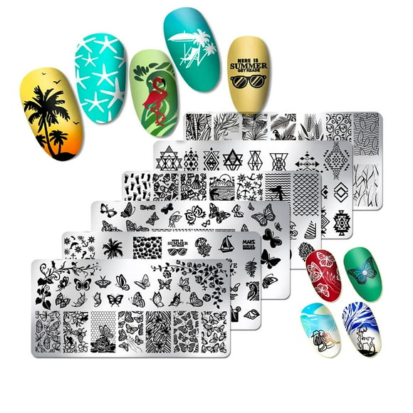 JERCLITY 6pcs Nail Stamping Plate Summer Beach Butterfly Leaf Geometry Image Plates Nail Art Design Stamping Kit Manicure Template Set