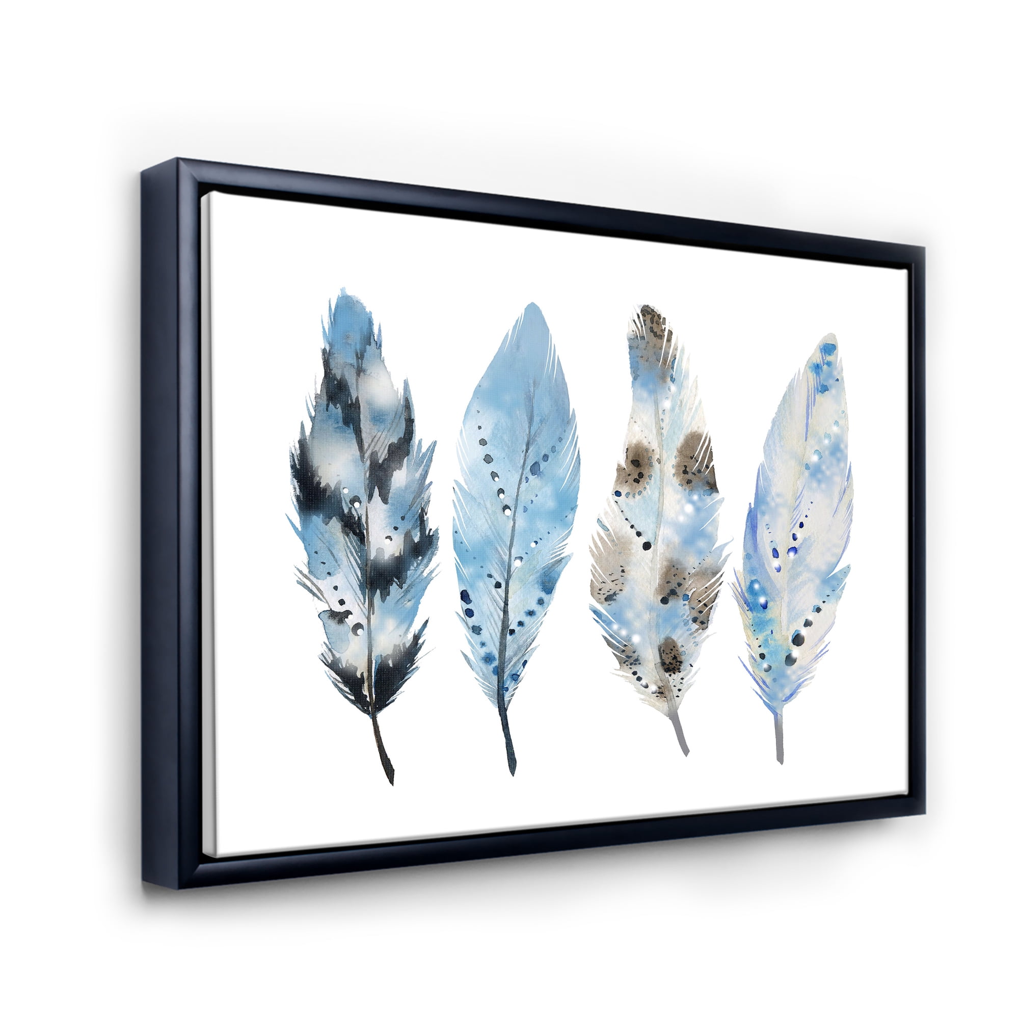 Designart 'Abstract Blue Boho Feathers I' Bohemian & Eclectic Framed Canvas Wall Art Print