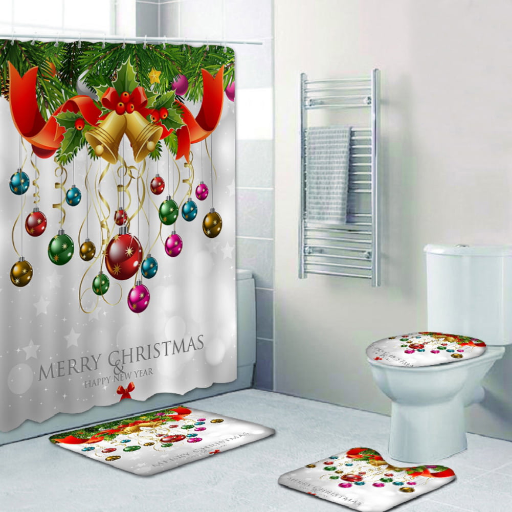 Merry Christmas Bell Shower Curtain Anti-Slip Lid Toilet Rug Cover Bath Mat Set 