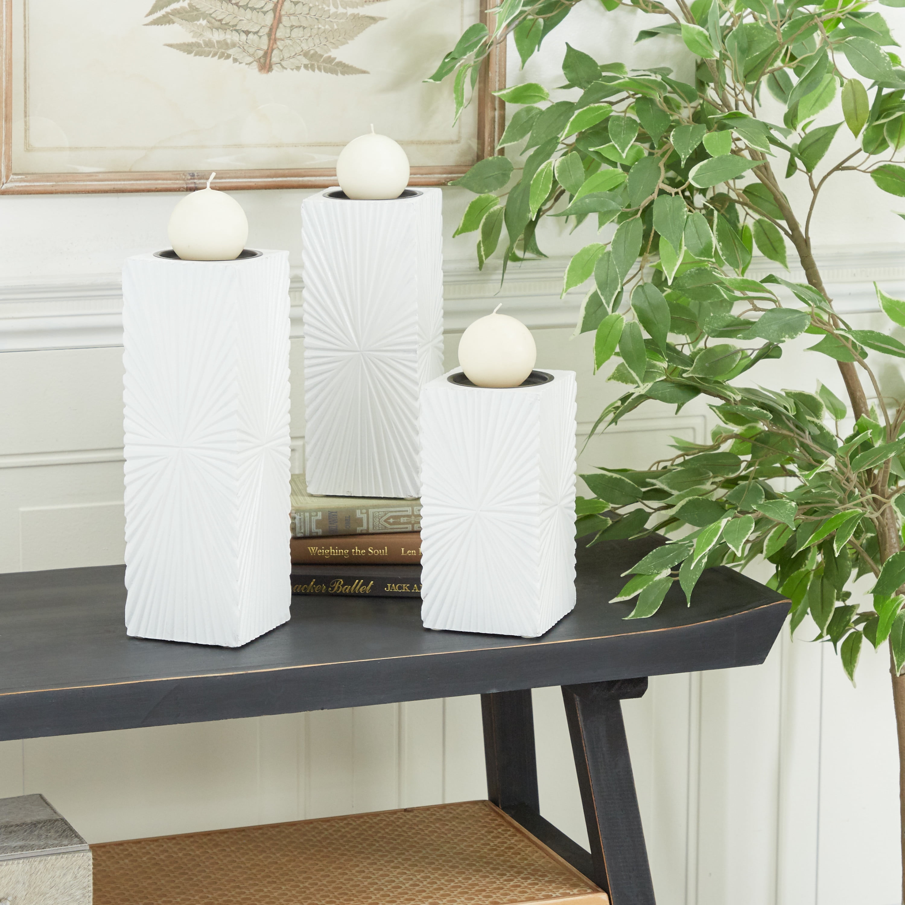 CosmoLiving by Cosmopolitan 3 Candle White Wood Geometric Carved Pillar Candle Holder, Set of 3