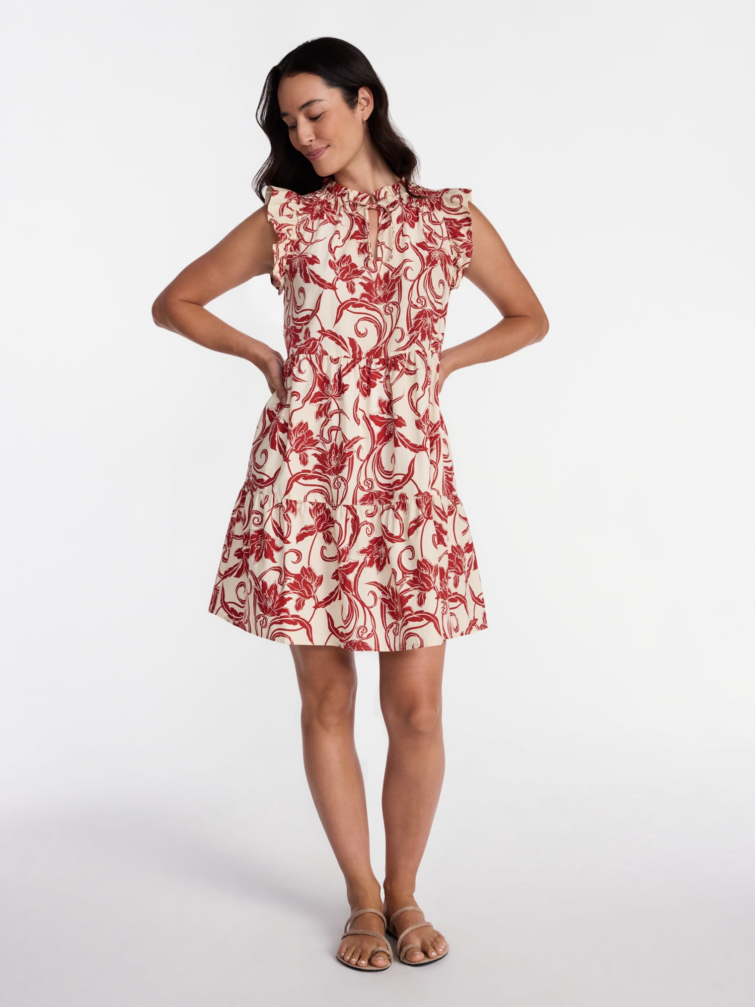Time and Tru Women's and Women's Plus Cotton Mini Dress with Flutter Sleeves, Sizes XS-4X
